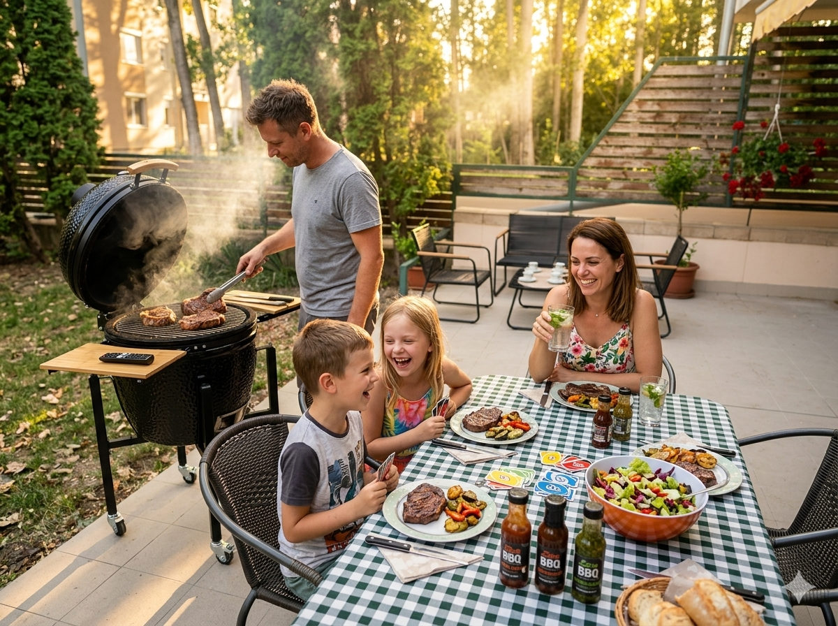 Család közös vacsorán a teraszon kamado grillel és kártyajátékkal